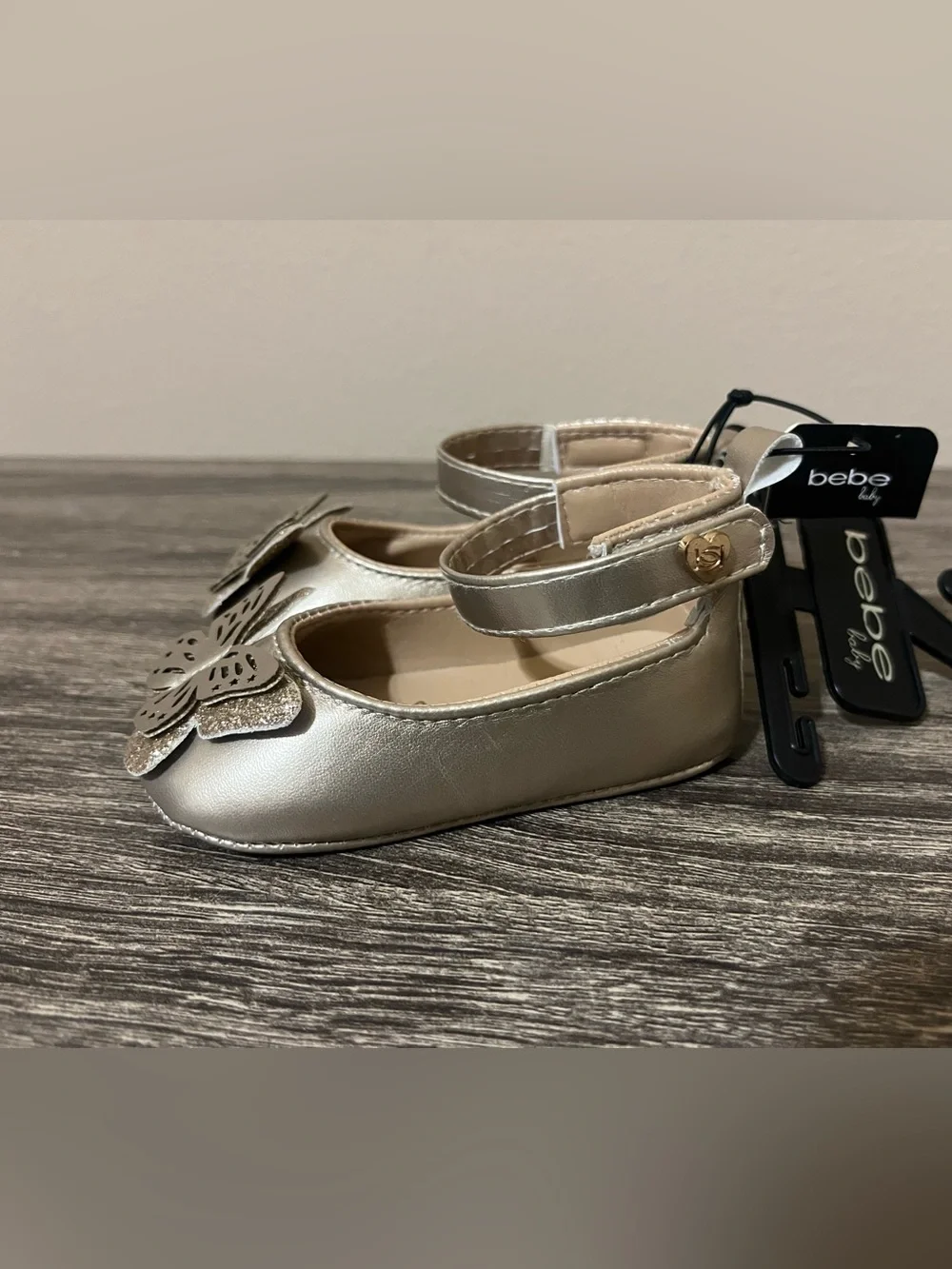 Bebe Beige Metallic Butterfly Mary Jane Kids Shoes